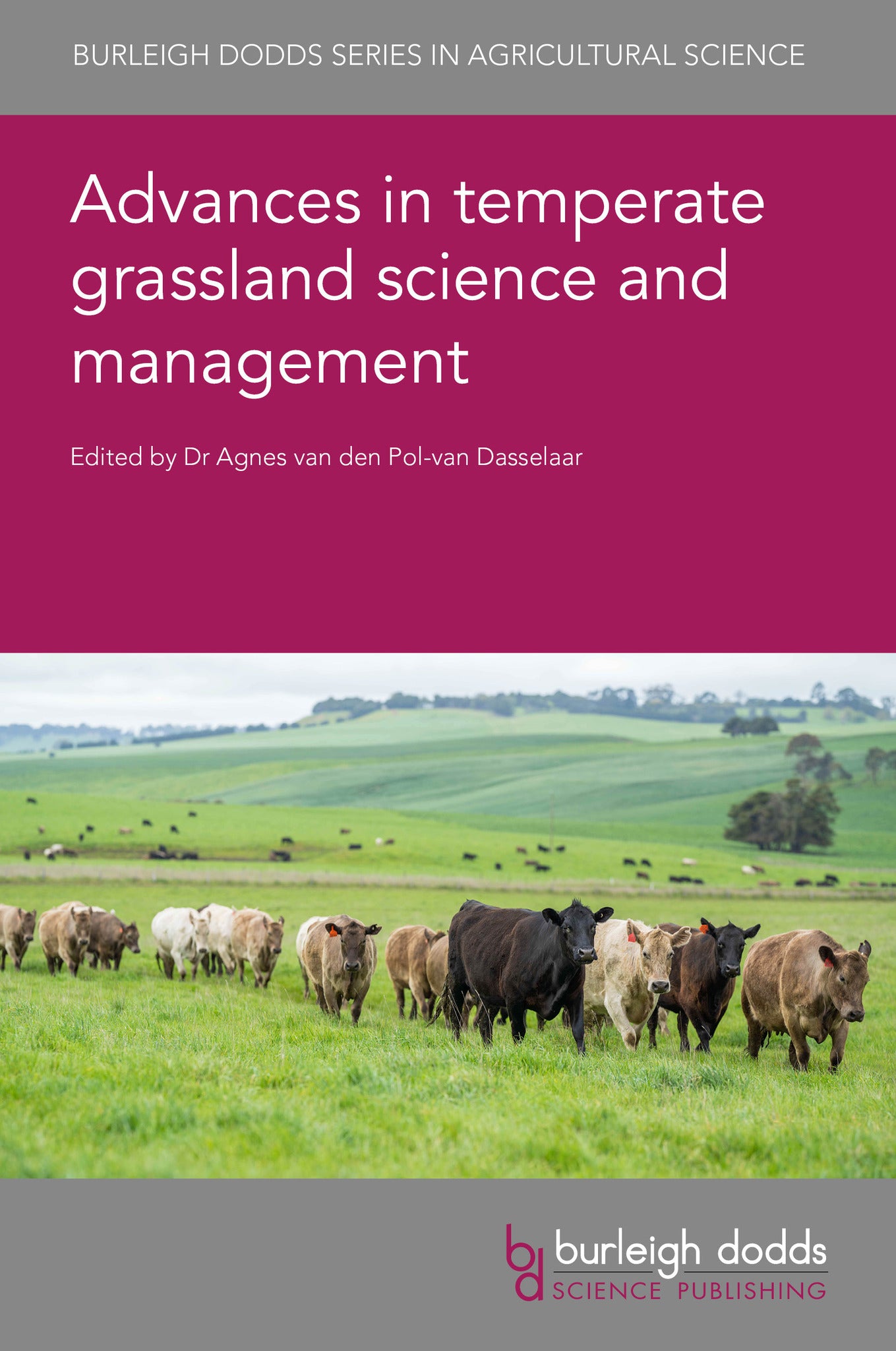 Book cover of 'Advances in temperate grassland science and management' with a field and cows on the cover.